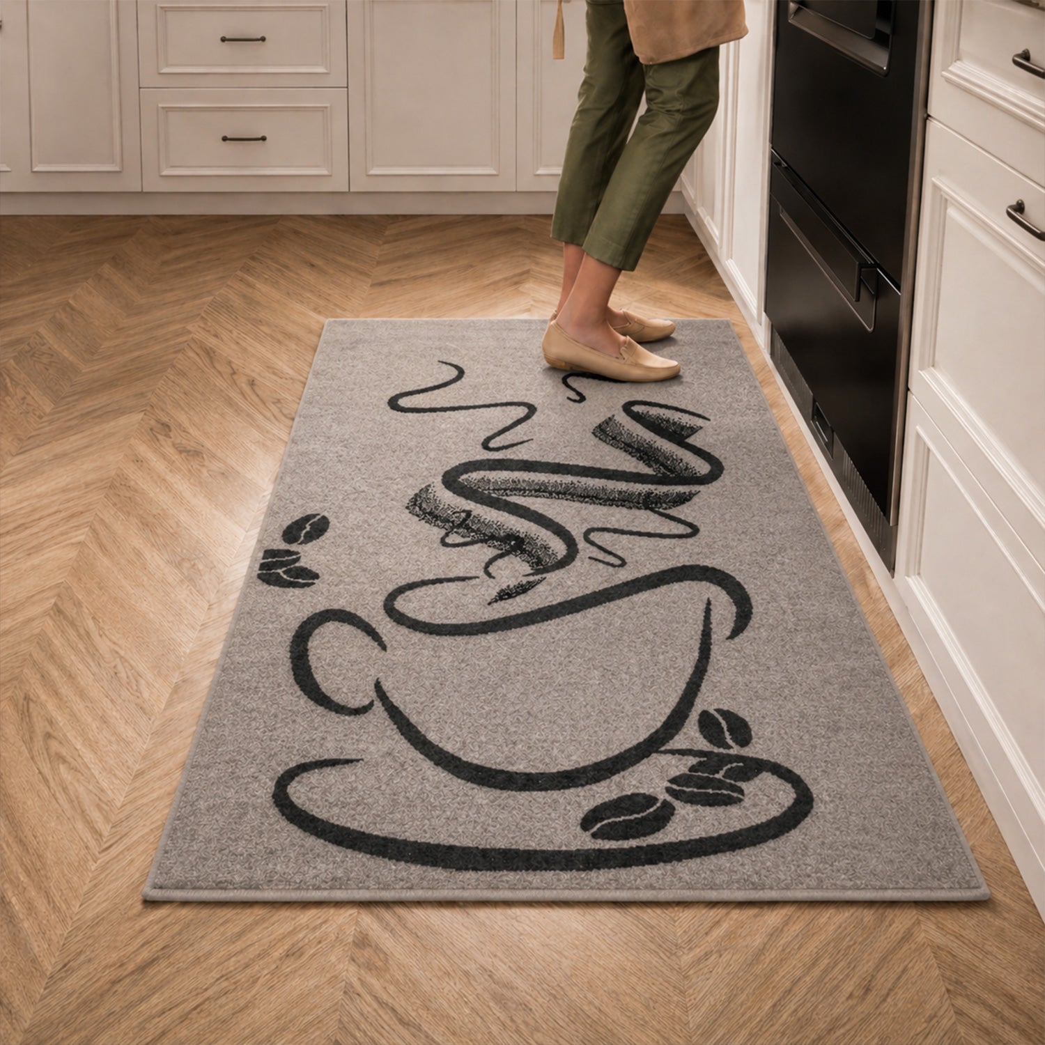 Grey Kitchen Rug, Trendy Coffee Rug, Cappuccino Pattern, Short Pile Kitchen Runner-zoom-5