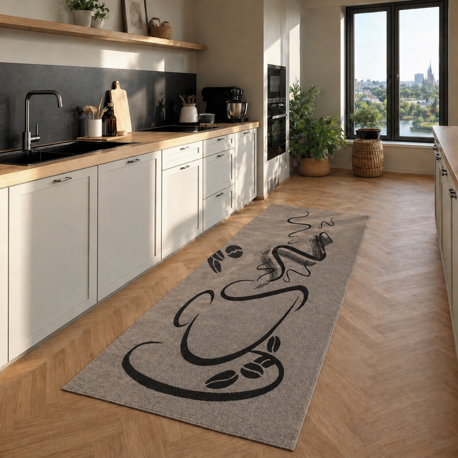 Grey Kitchen Rug, Trendy Coffee Rug, Cappuccino Pattern, Short Pile Kitchen Runner-zoom-4