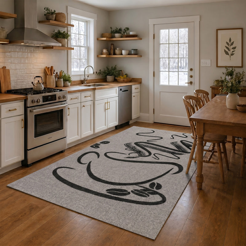 Grey Kitchen Rug, Trendy Coffee Rug, Cappuccino Pattern, Short Pile Kitchen Runner-zoom-
