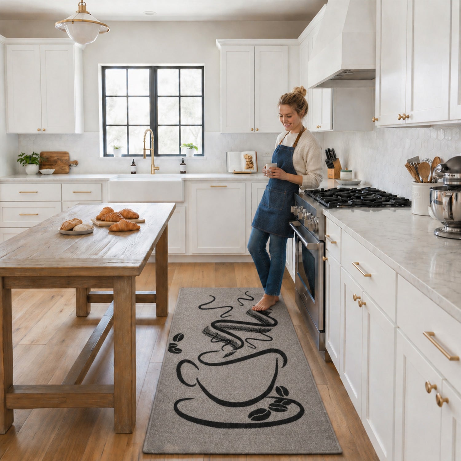 Grey Kitchen Rug, Trendy Coffee Rug, Cappuccino Pattern, Short Pile Kitchen Runner-3