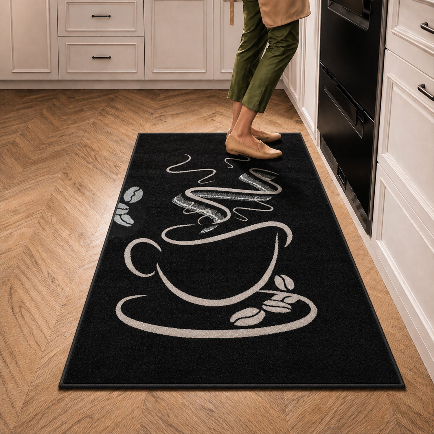 Black Kitchen Rug, Trendy Coffee Rug, Cappuccino Cup Pattern, Short Pile-zoom-5