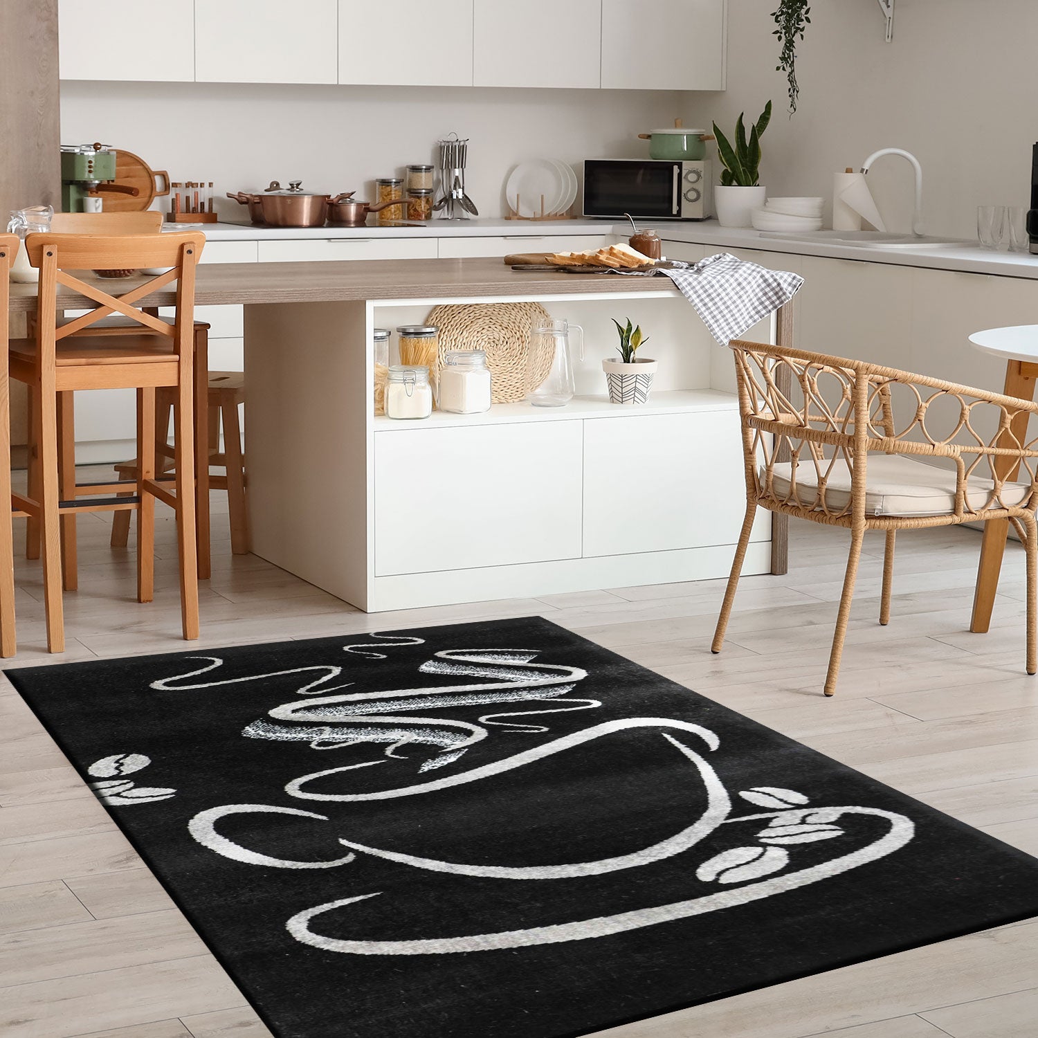 Black Kitchen Rug, Trendy Coffee Rug, Cappuccino Cup Pattern, Short Pile-zoom-3