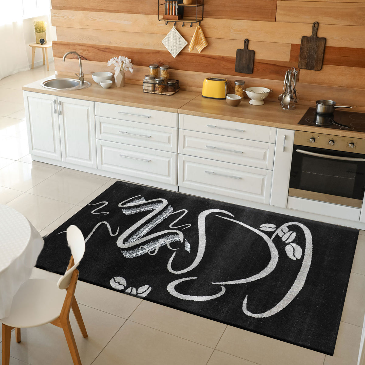 Black Kitchen Rug, Trendy Coffee Rug, Cappuccino Cup Pattern, Short Pile-zoom-12