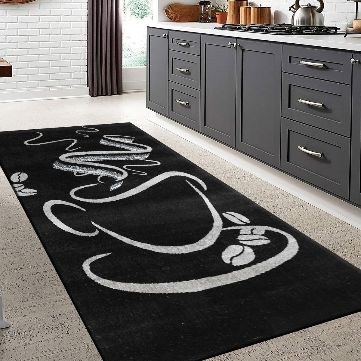 Black Kitchen Rug, Trendy Coffee Rug, Cappuccino Cup Pattern, Short Pile-zoom-5