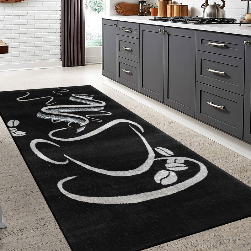 Black Kitchen Rug, Trendy Coffee Rug, Cappuccino Cup Pattern, Short Pile-zoom-
