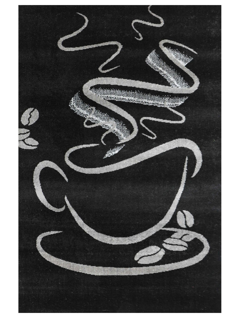 Black Kitchen Rug, Trendy Coffee Rug, Cappuccino Cup Pattern, Short Pile-zoom-