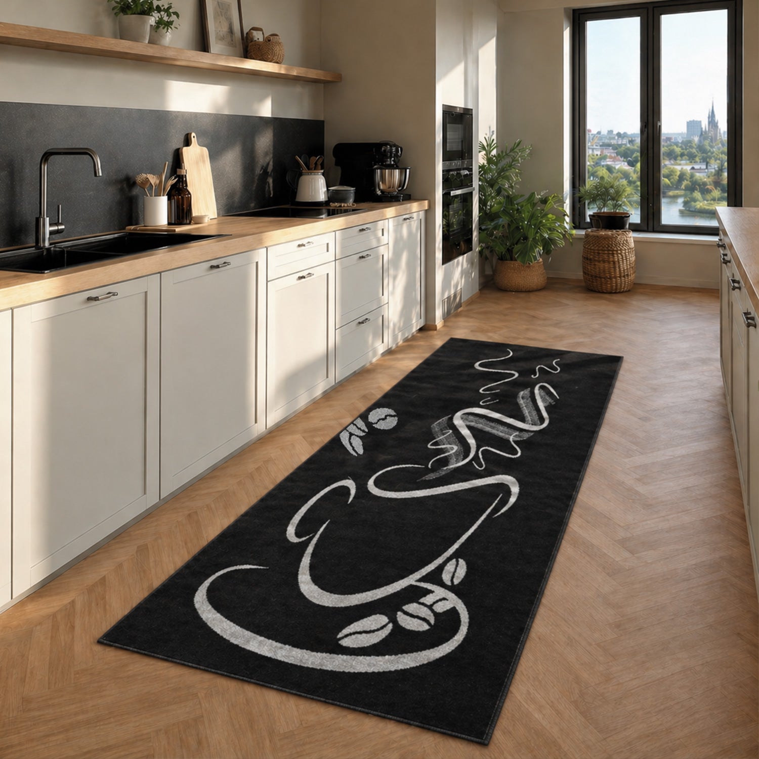 Black Kitchen Rug, Trendy Coffee Rug, Cappuccino Cup Pattern, Short Pile-zoom-4