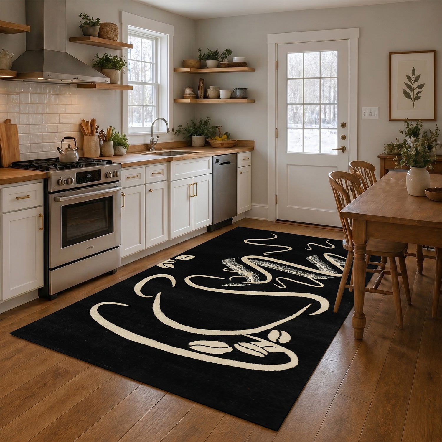 Black Kitchen Rug, Trendy Coffee Rug, Cappuccino Cup Pattern, Short Pile-zoom-2
