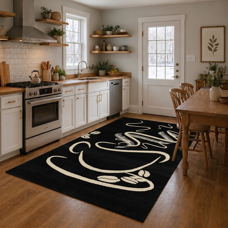 Black Kitchen Rug, Trendy Coffee Rug, Cappuccino Cup Pattern, Short Pile-zoom-
