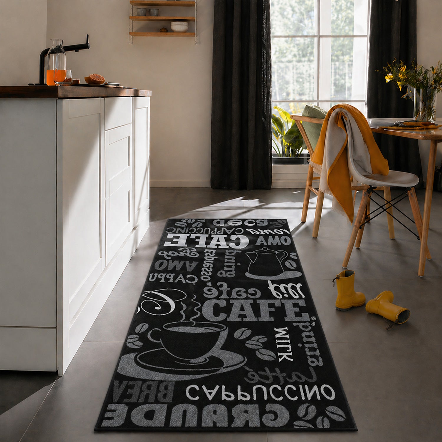 Kitchen rug, carpet runner, coffee design, modern coffee pattern in black, ideal for the lounge or kitchen-1
