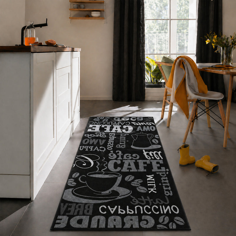 Kitchen rug, carpet runner, coffee design, modern coffee pattern in black, ideal for the lounge or kitchen-zoom-