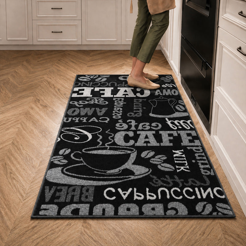 Kitchen rug, carpet runner, coffee design, modern coffee pattern in black, ideal for the lounge or kitchen-zoom-