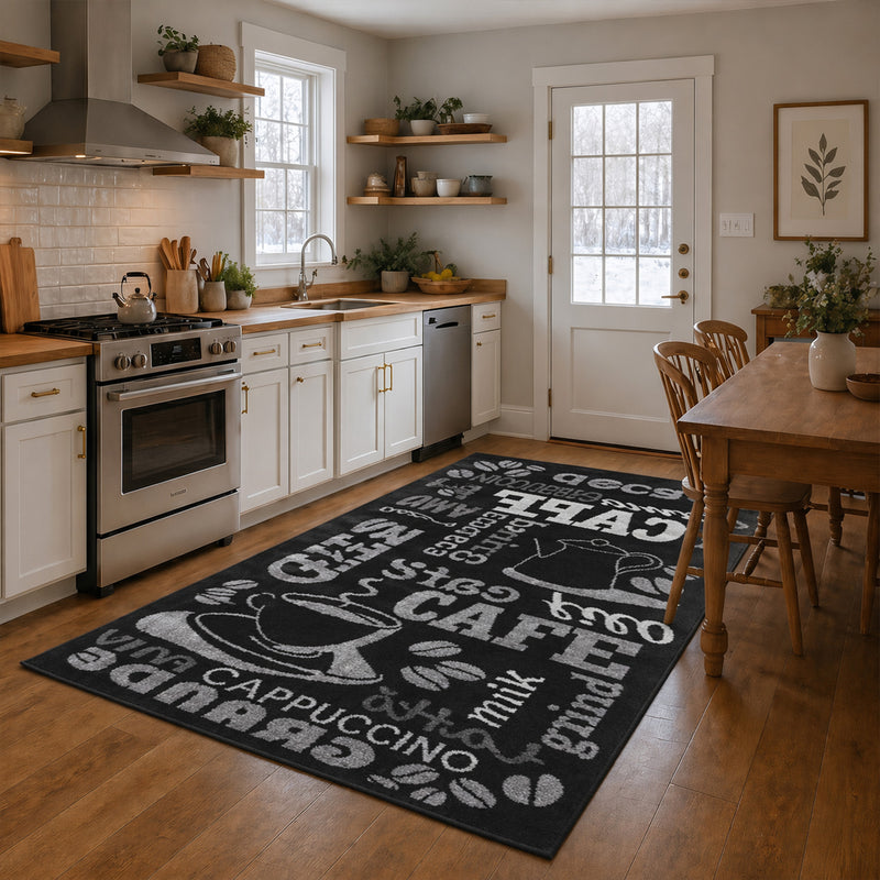 Kitchen rug, carpet runner, coffee design, modern coffee pattern in black, ideal for the lounge or kitchen-zoom-