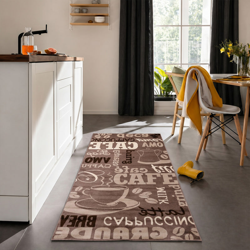 Kitchen rug, carpet runner, modern coffee design in brown and beige, suitable for lounge or kitchen-zoom-