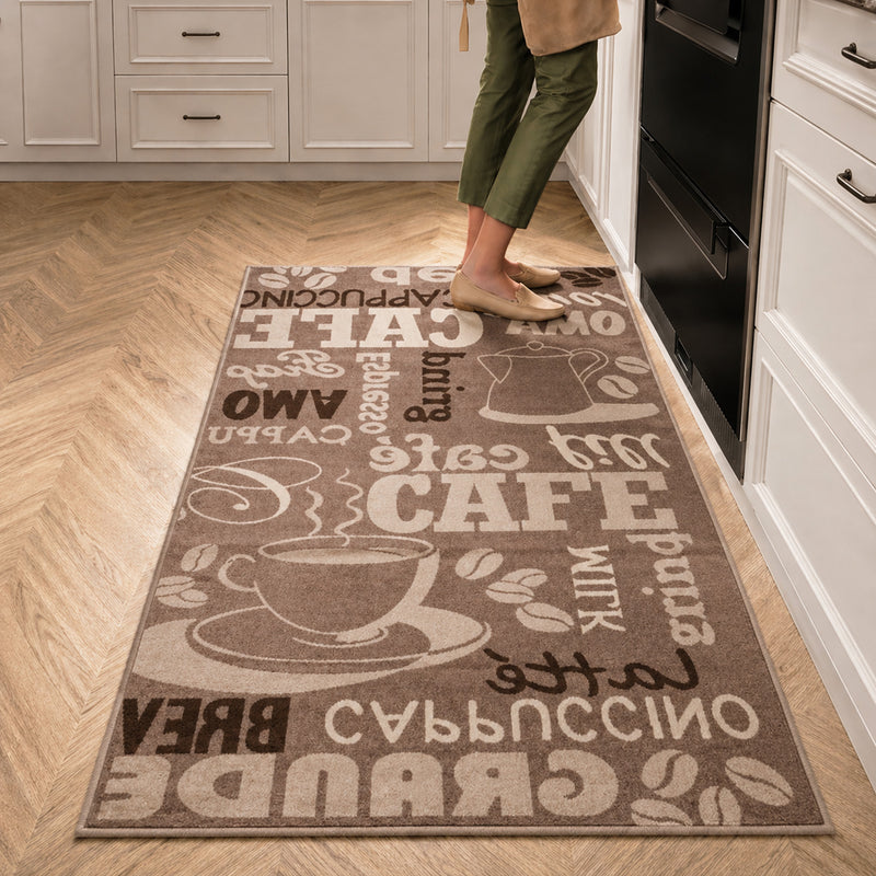 Kitchen rug, carpet runner, modern coffee design in brown and beige, suitable for lounge or kitchen-zoom-
