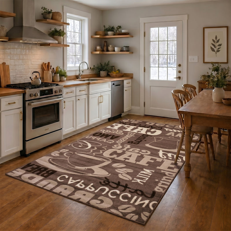 Kitchen rug, carpet runner, modern coffee design in brown and beige, suitable for lounge or kitchen-zoom-