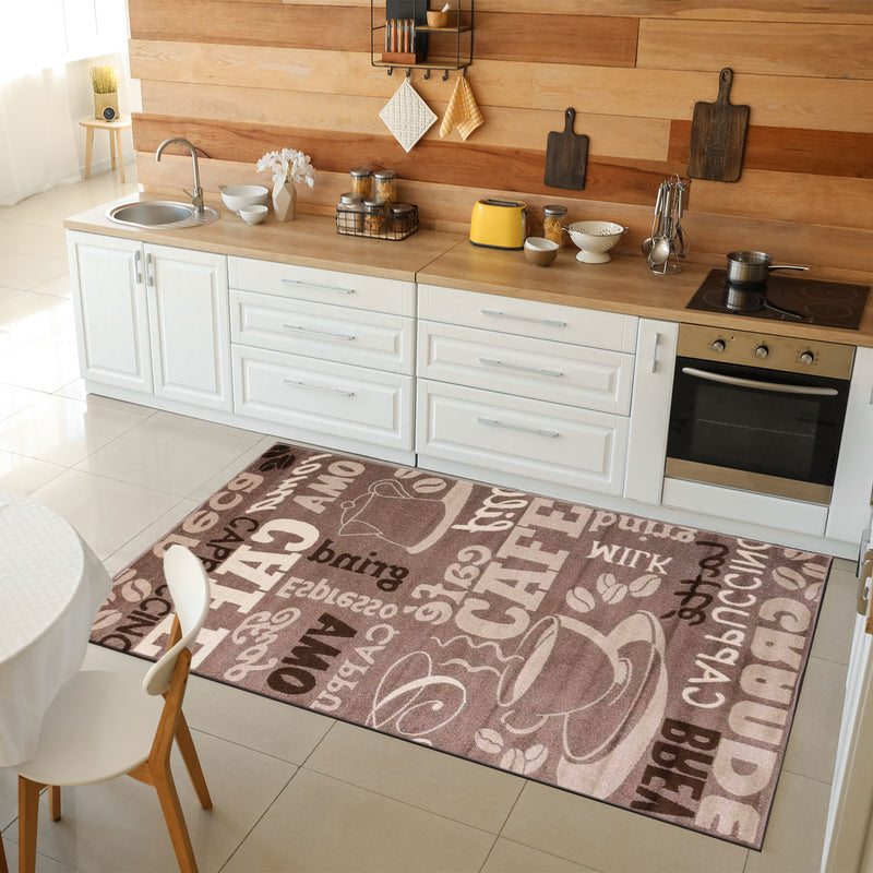 Kitchen rug, carpet runner, modern coffee design in brown and beige, suitable for lounge or kitchen-zoom-