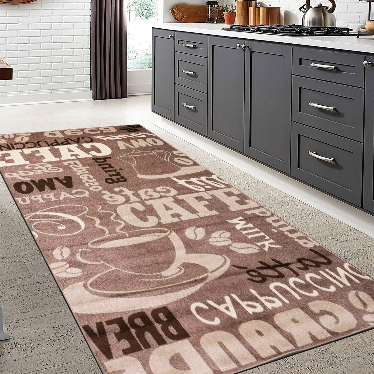 Kitchen rug, carpet runner, modern coffee design in brown and beige, suitable for lounge or kitchen-zoom-11