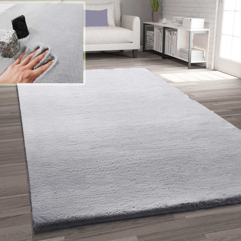 Faux fur rug in light grey, dense, fluffy, silky sheen-zoom-