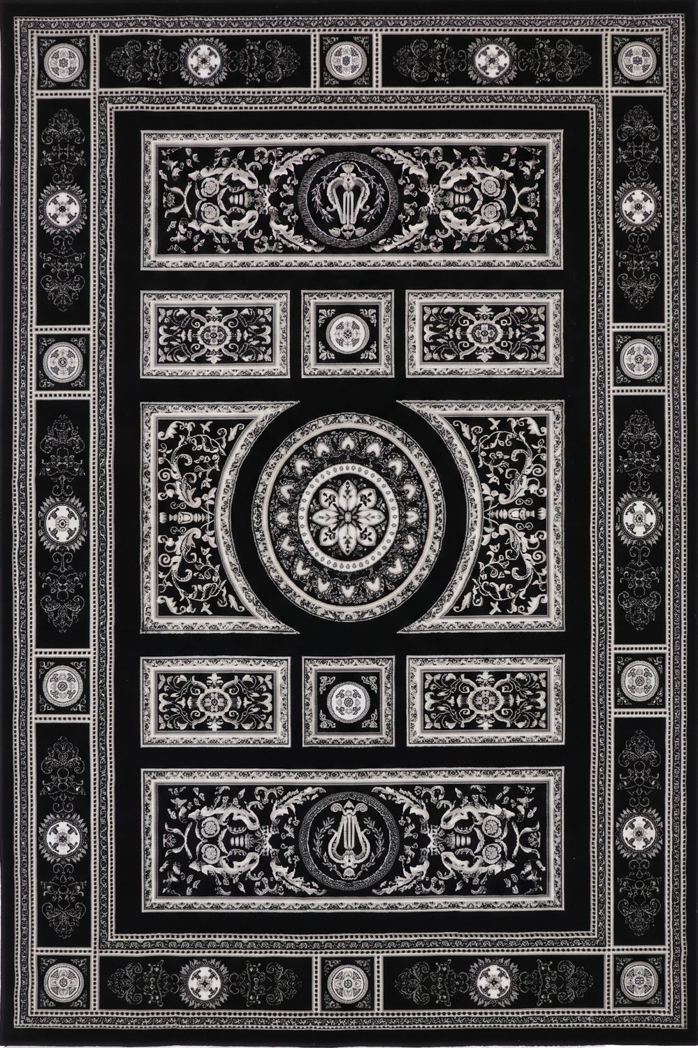 Kurzflor Teppich Orientalisch Schwarz & Gold– Teppich Wohnzimmer & Schlafzimmer