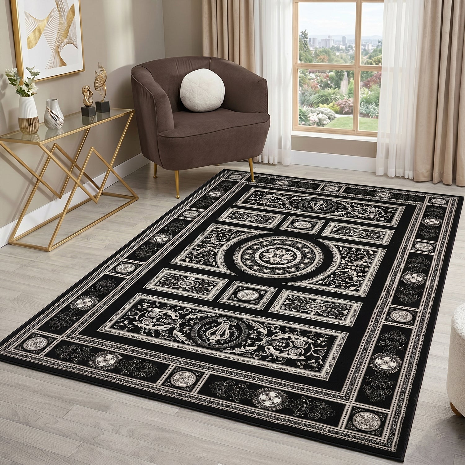 Kurzflor Teppich Orientalisch Schwarz & Gold– Teppich Wohnzimmer & Schlafzimmer-zoom-4