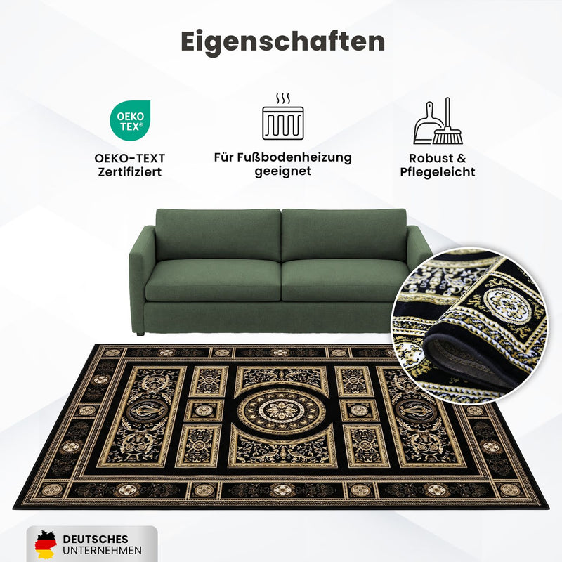 Kurzflor Teppich Orientalisch Schwarz & Gold– Teppich Wohnzimmer & Schlafzimmer-zoom-