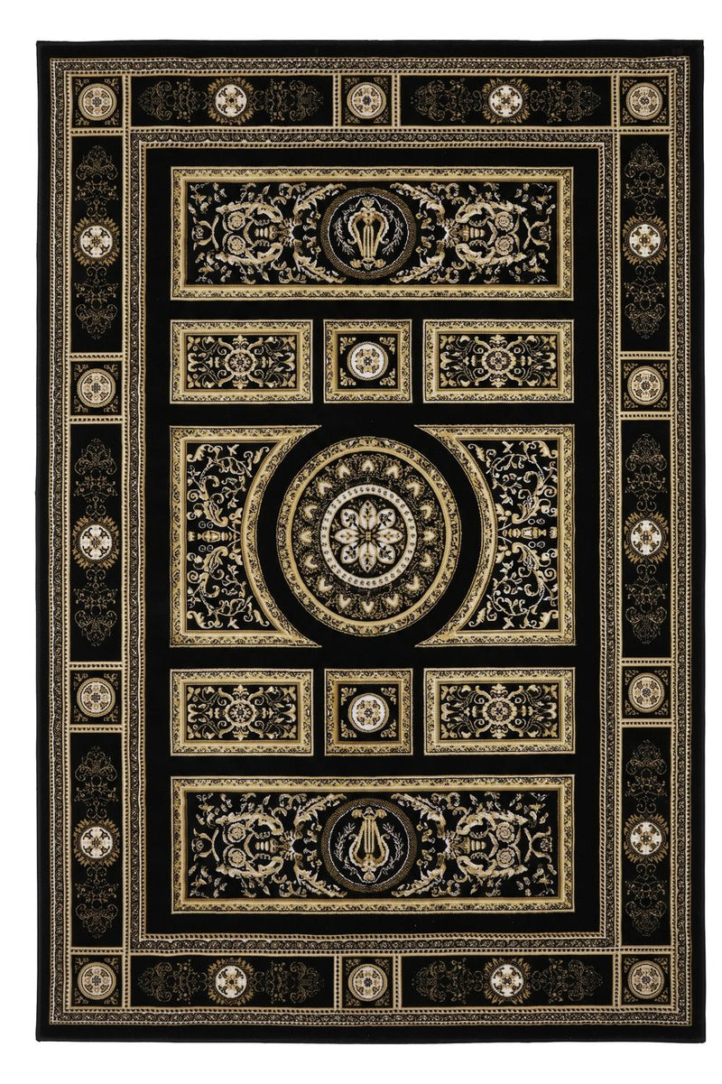 Kurzflor Teppich Orientalisch Schwarz & Gold– Teppich Wohnzimmer & Schlafzimmer-zoom-