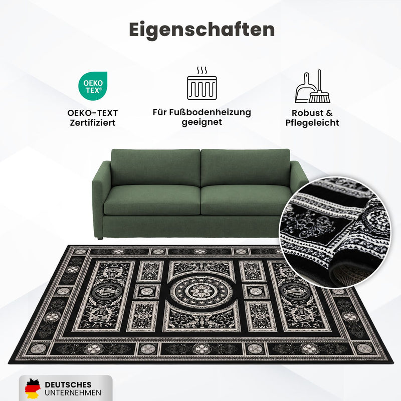 Kurzflor Teppich Orientalisch Schwarz & Gold– Teppich Wohnzimmer & Schlafzimmer-zoom-