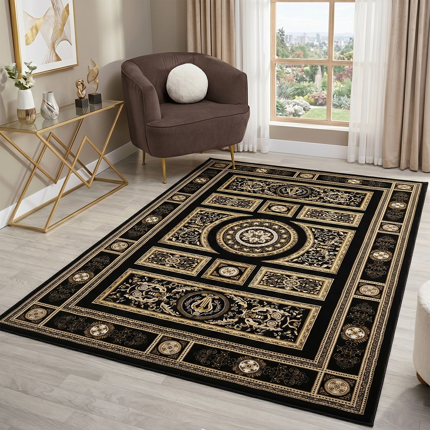 Kurzflor Teppich Orientalisch Schwarz & Gold– Teppich Wohnzimmer & Schlafzimmer-zoom-11