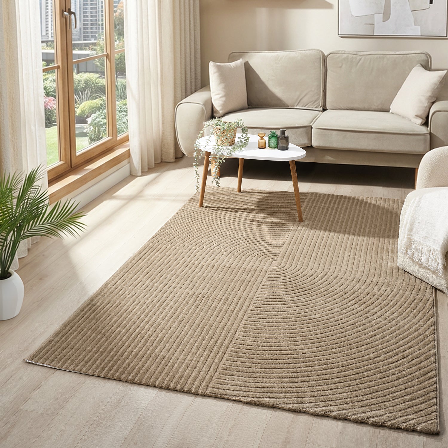 Short-pile rug Boho modern – Thin living room & bedroom rug with 3D high-low effect, easy to care for