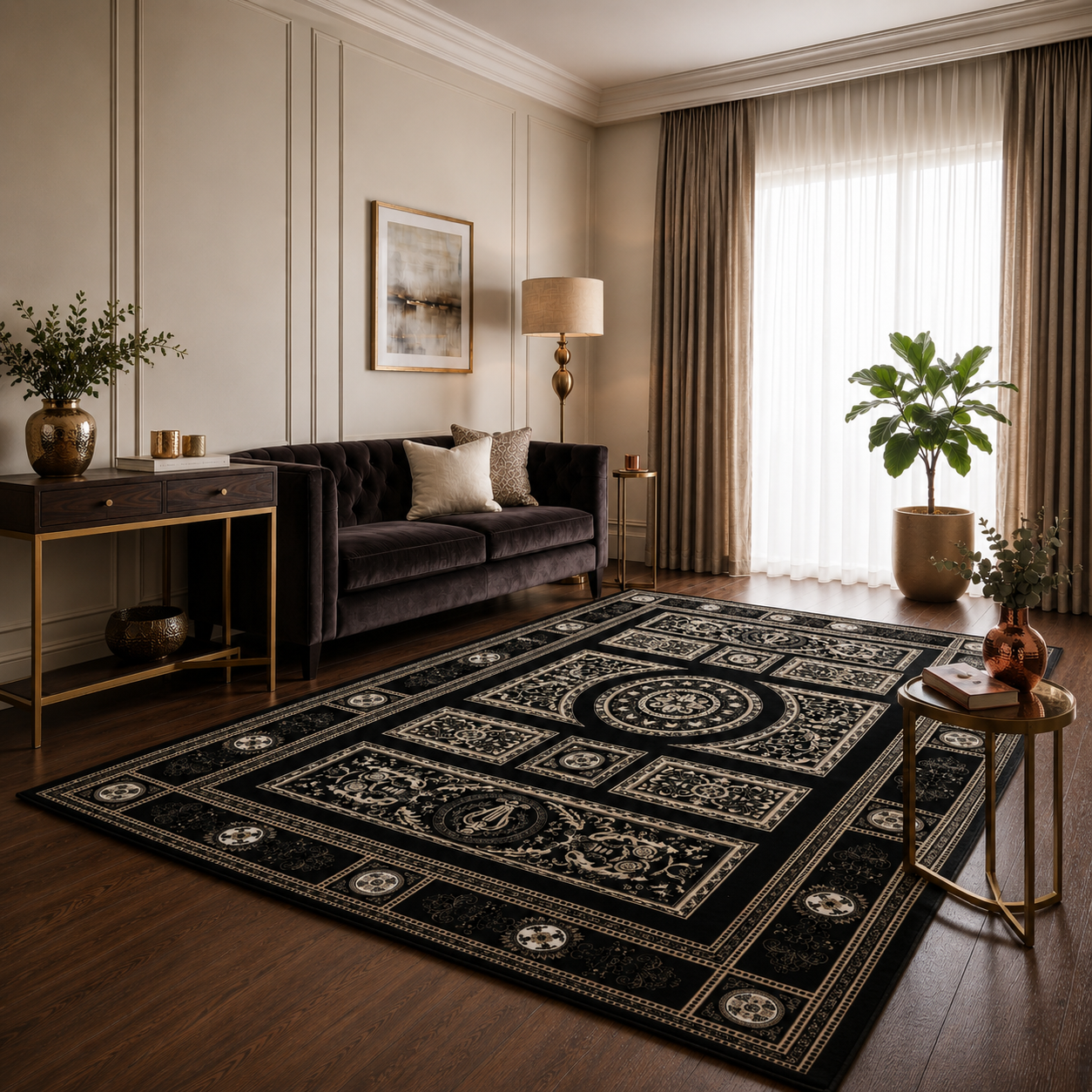 Kurzflor Teppich Orientalisch Schwarz & Gold– Teppich Wohnzimmer & Schlafzimmer-zoom-2