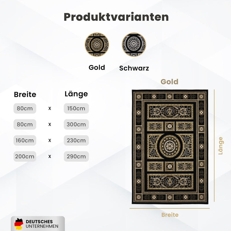 Kurzflor Teppich Orientalisch Schwarz & Gold– Teppich Wohnzimmer & Schlafzimmer-zoom-