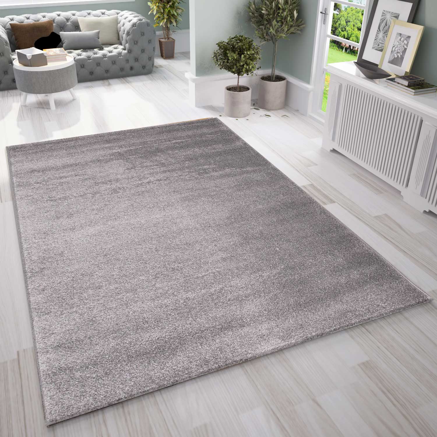 Short-pile rug, solid color, soft & fluffy, silky sheen in grey/anthracite, for living room, bedroom, kitchen