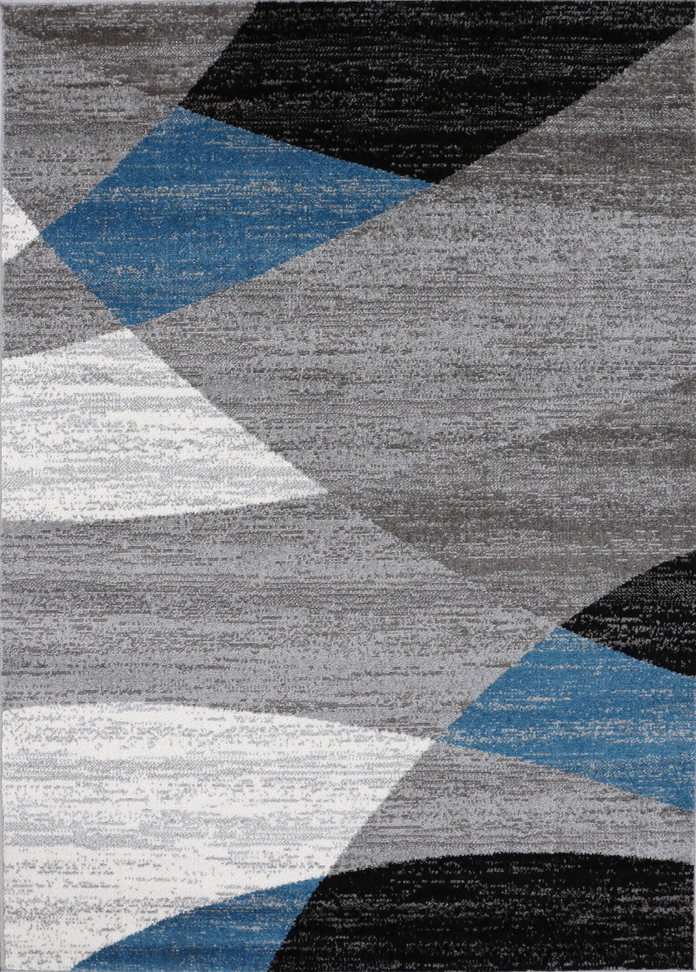 Geometric patterned rug in blue, grey, white, and black, short pile, for living room