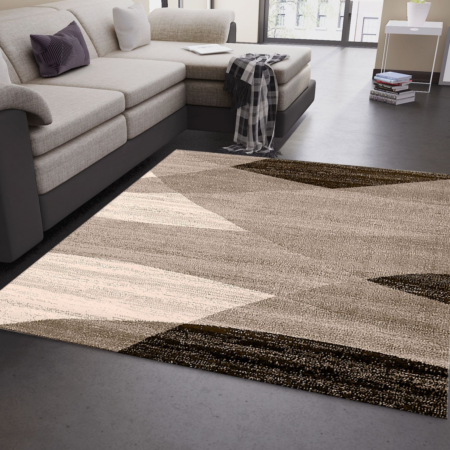 Modern rug with geometric pattern, mottled in brown and beige-2