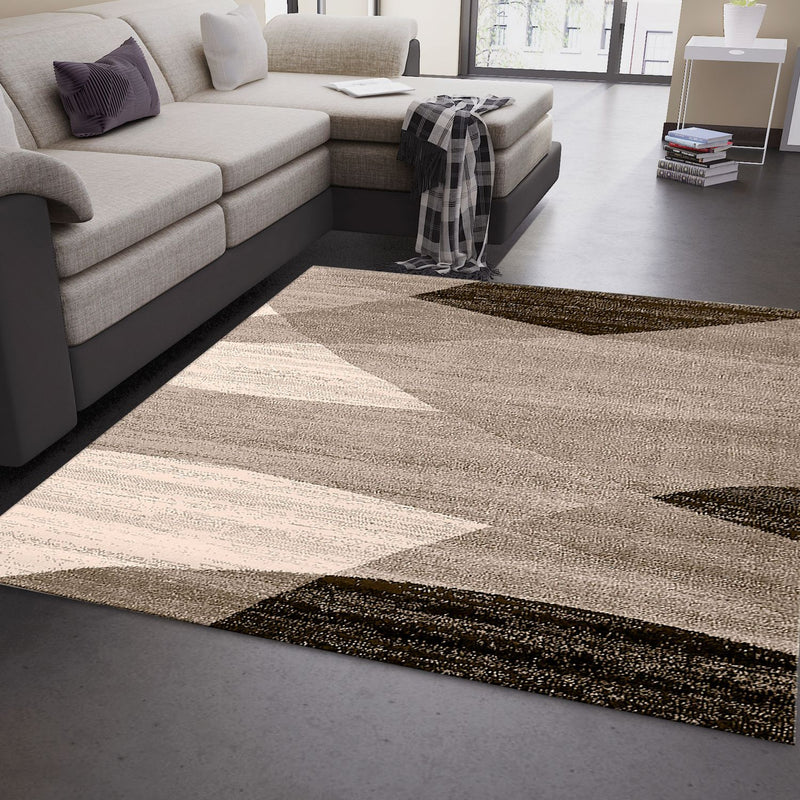 Modern rug with geometric pattern, mottled in brown and beige-zoom-