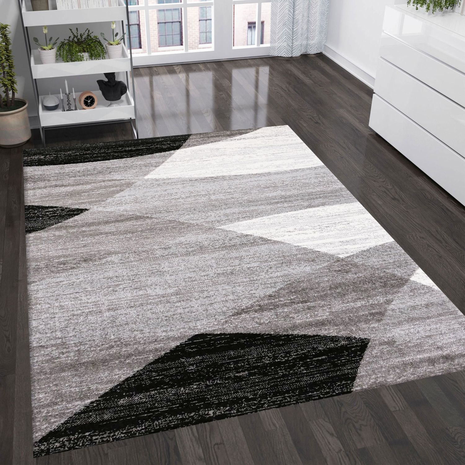 Geometric Pattern Mottled Rug in Grey, White, and Black, Short Pile Runner for Living Room