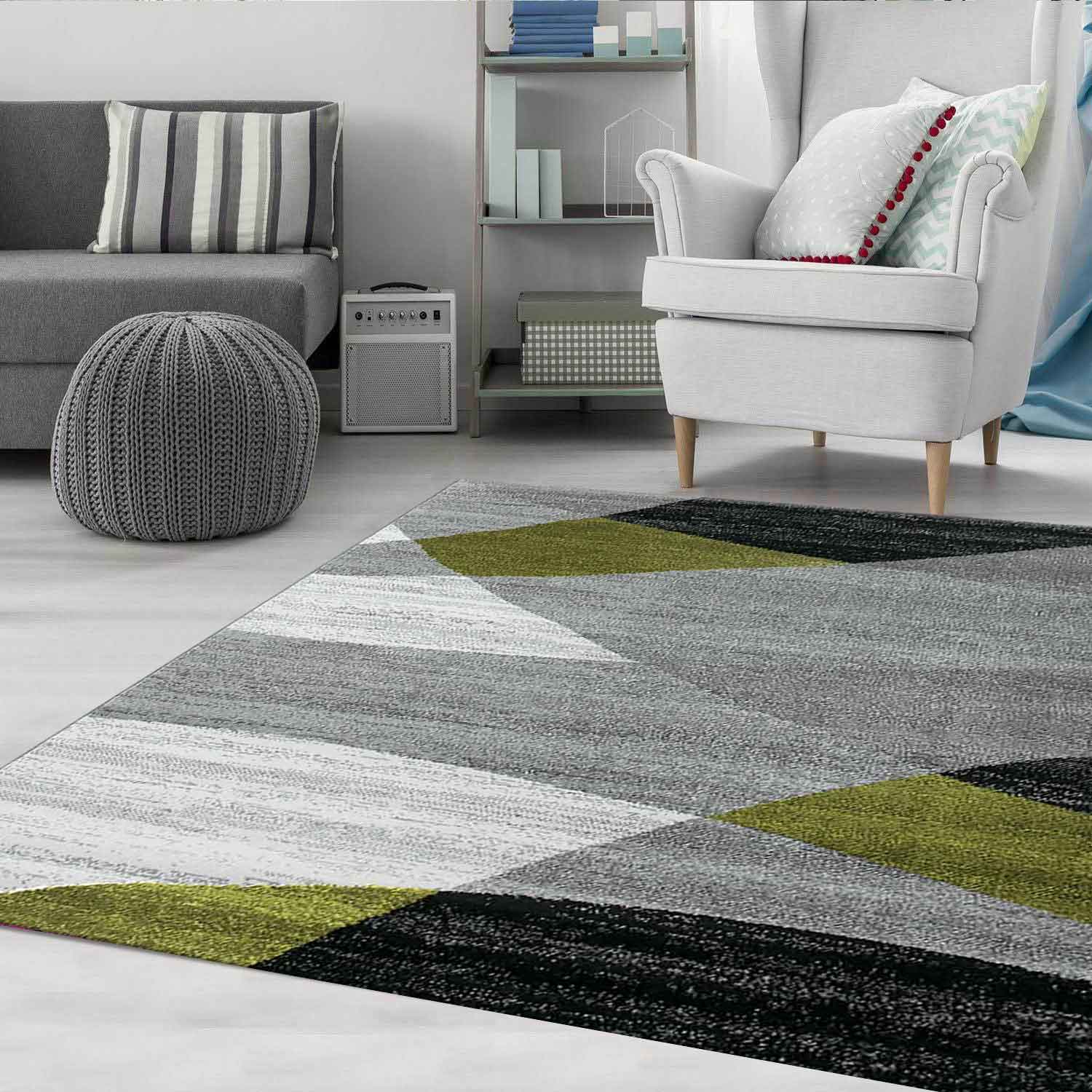 Geometric patterned rug in green, grey, white, and black, short pile, for living room-zoom-2
