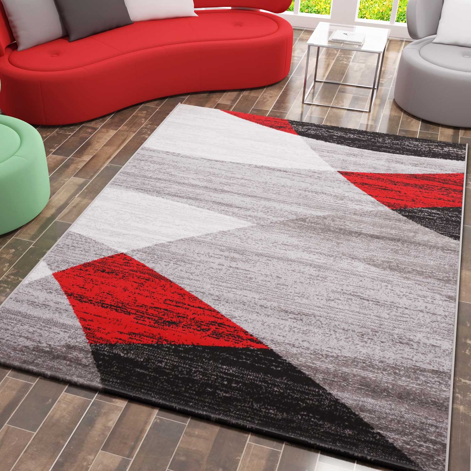 Geometric patterned rug in red, grey, white, and black, short pile, for living room-zoom-2