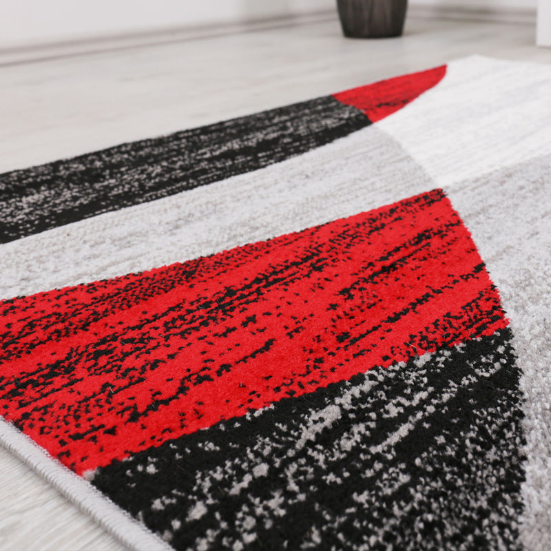 Geometric patterned rug in red, grey, white, and black, short pile, for living room-zoom-