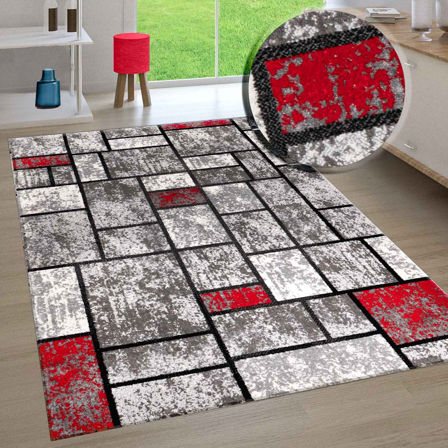 Moderner Teppich Wohnzimmer Geometrisches Muster Meliert in Grau & Rot