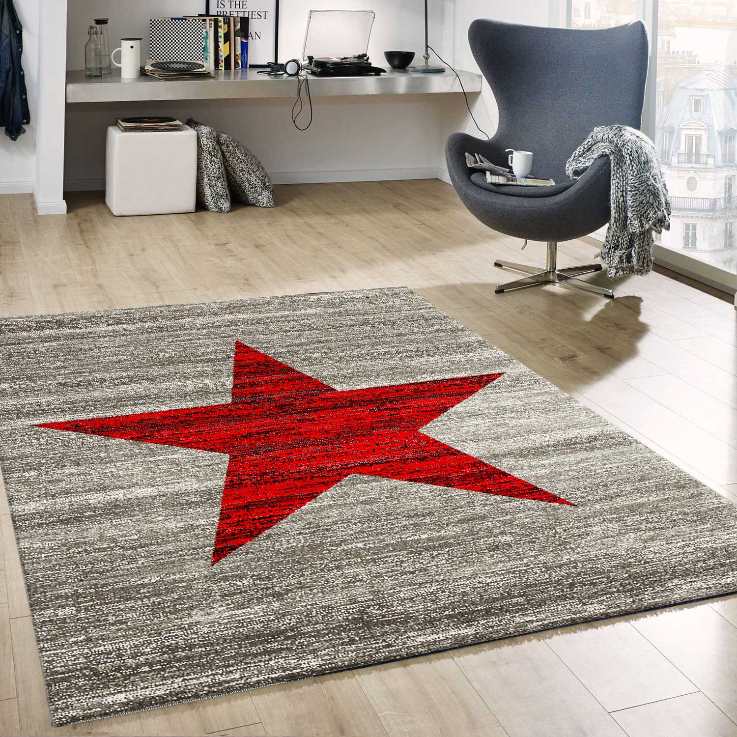 Red trendy short-pile rug, star pattern, youth room, grey, easy to clean-zoom-1