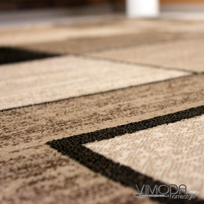 Designer living room rug, brown and beige checkered retro with geometric motifs and color gradient-zoom-