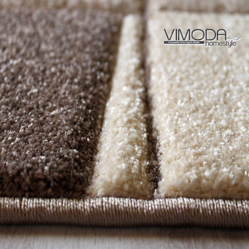 Modern classic rug for living room, short pile, tightly woven with border motif, brown and beige, and contour cut.-zoom-