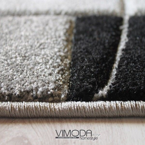 Modern classic short-pile rug, densely woven with a border motif in grey, white, and black, and contour cut.-2