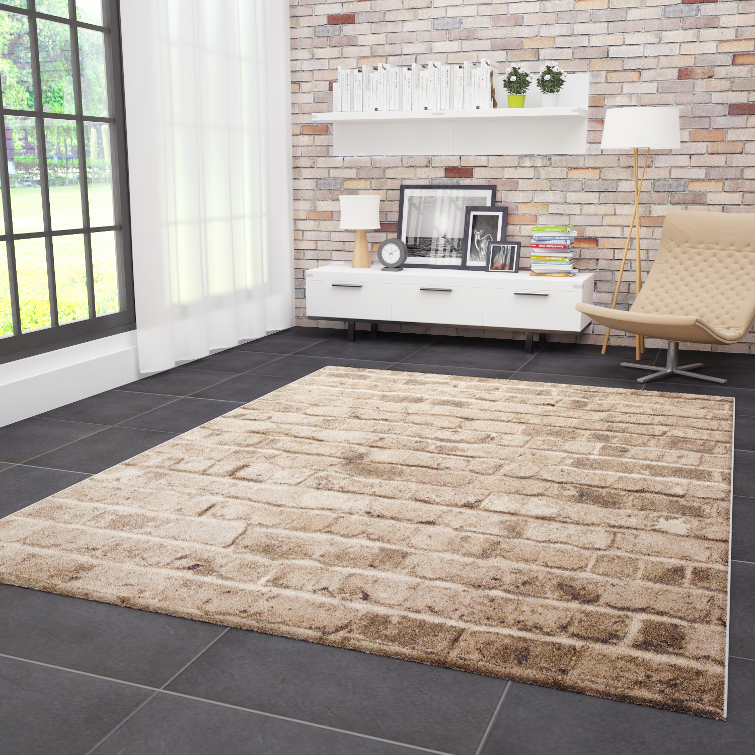 Modern carpet with stone look, brick pattern, durable in brown 5162