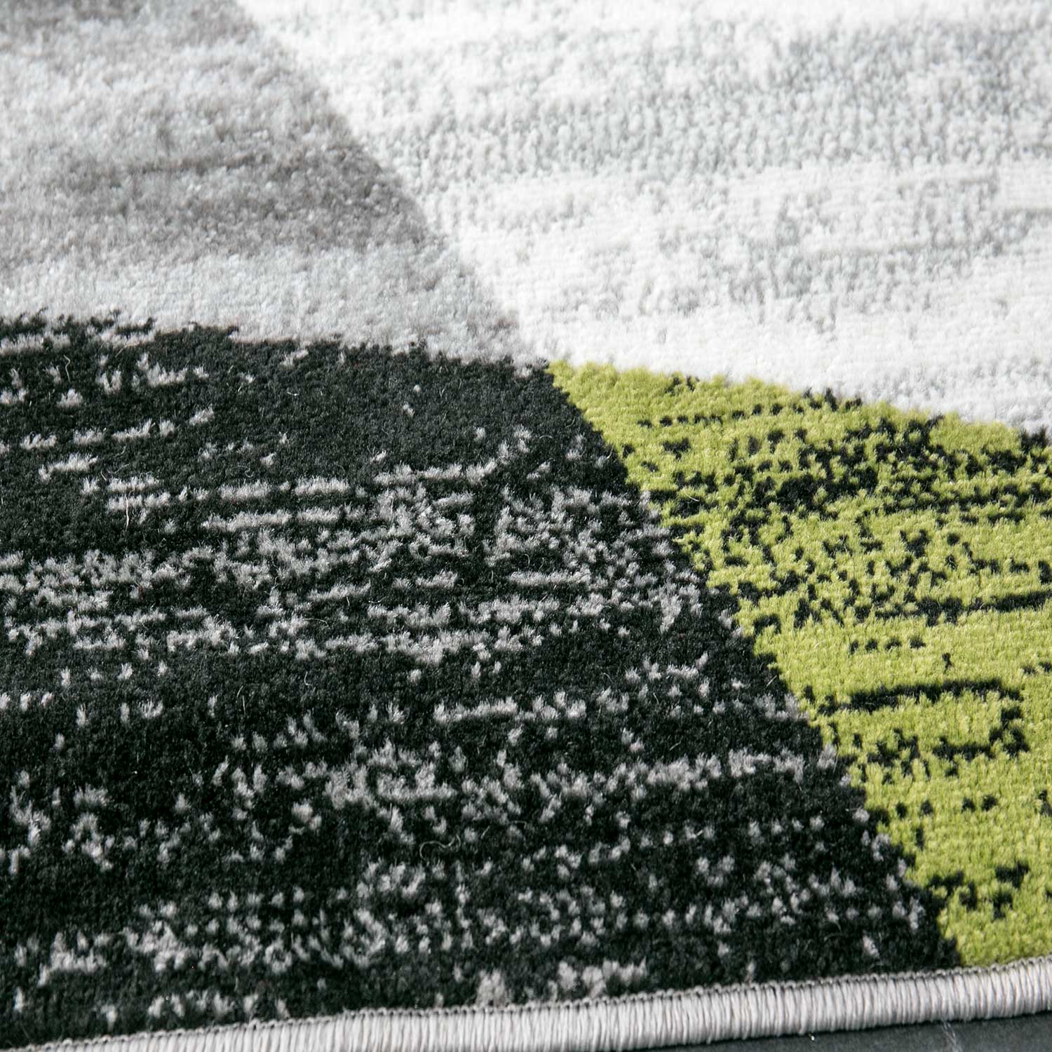 Geometric patterned rug in green, grey, white, and black, short pile, for living room-3