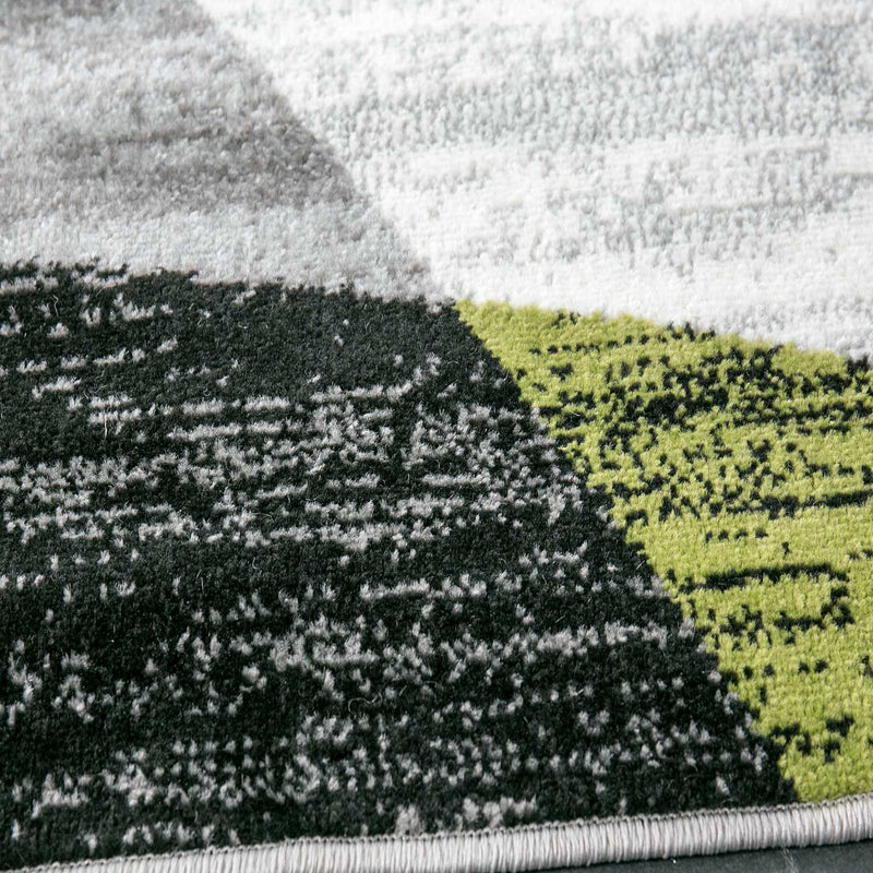 Geometric patterned rug in green, grey, white, and black, short pile, for living room-zoom-