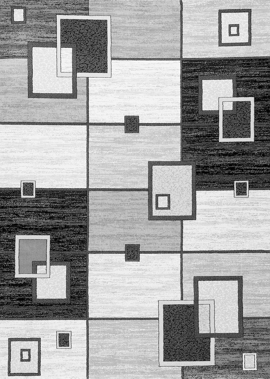 Designer living room rug, grey anthracite checkered retro with geometric motifs and color gradient