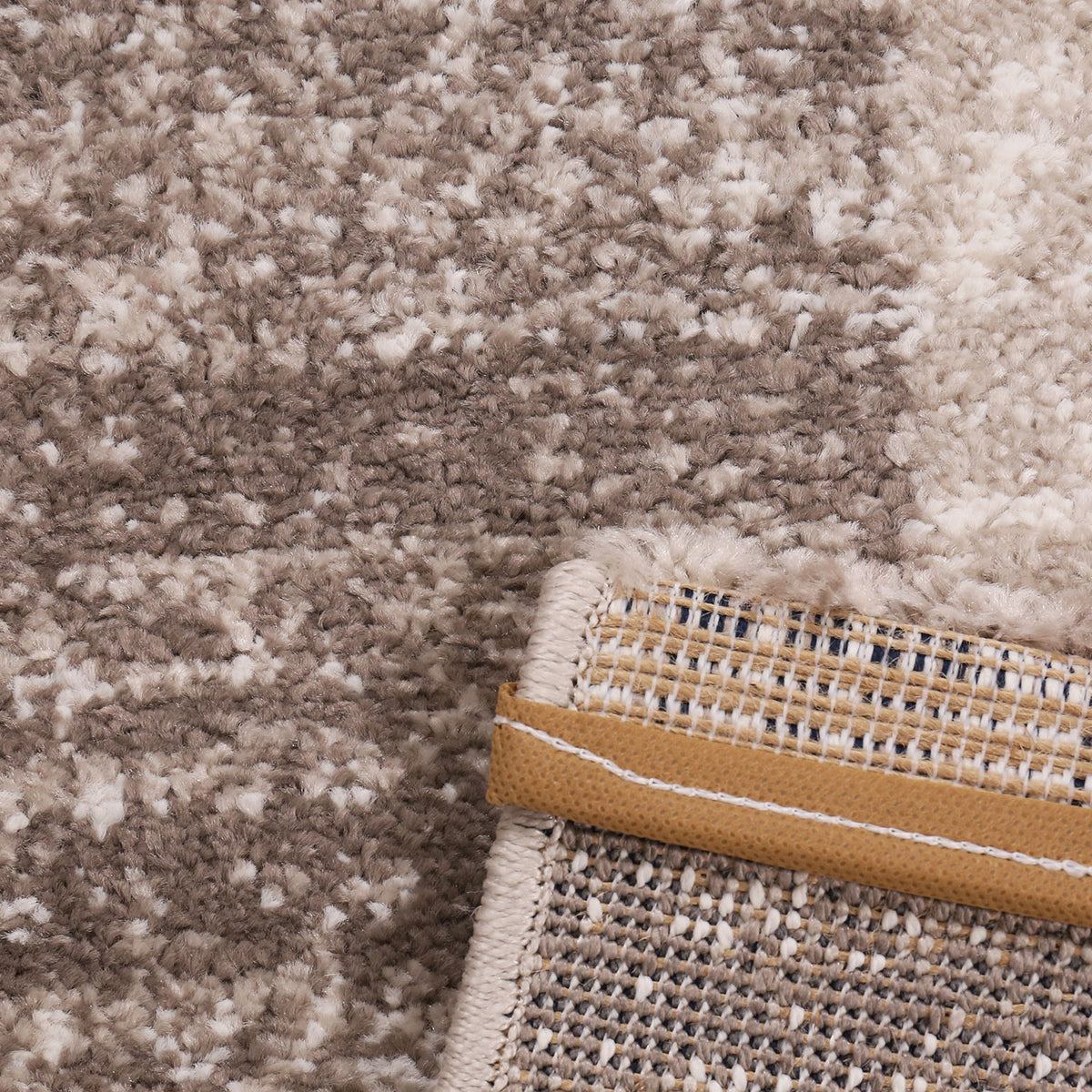 Modern designer rug with abstract pattern in beige brown border edge